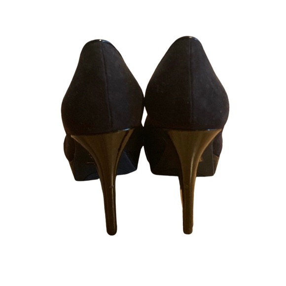 Guess Black Patent Leather Suede Peep Toe Heels Size 8 👠 - Picture 9 of 15